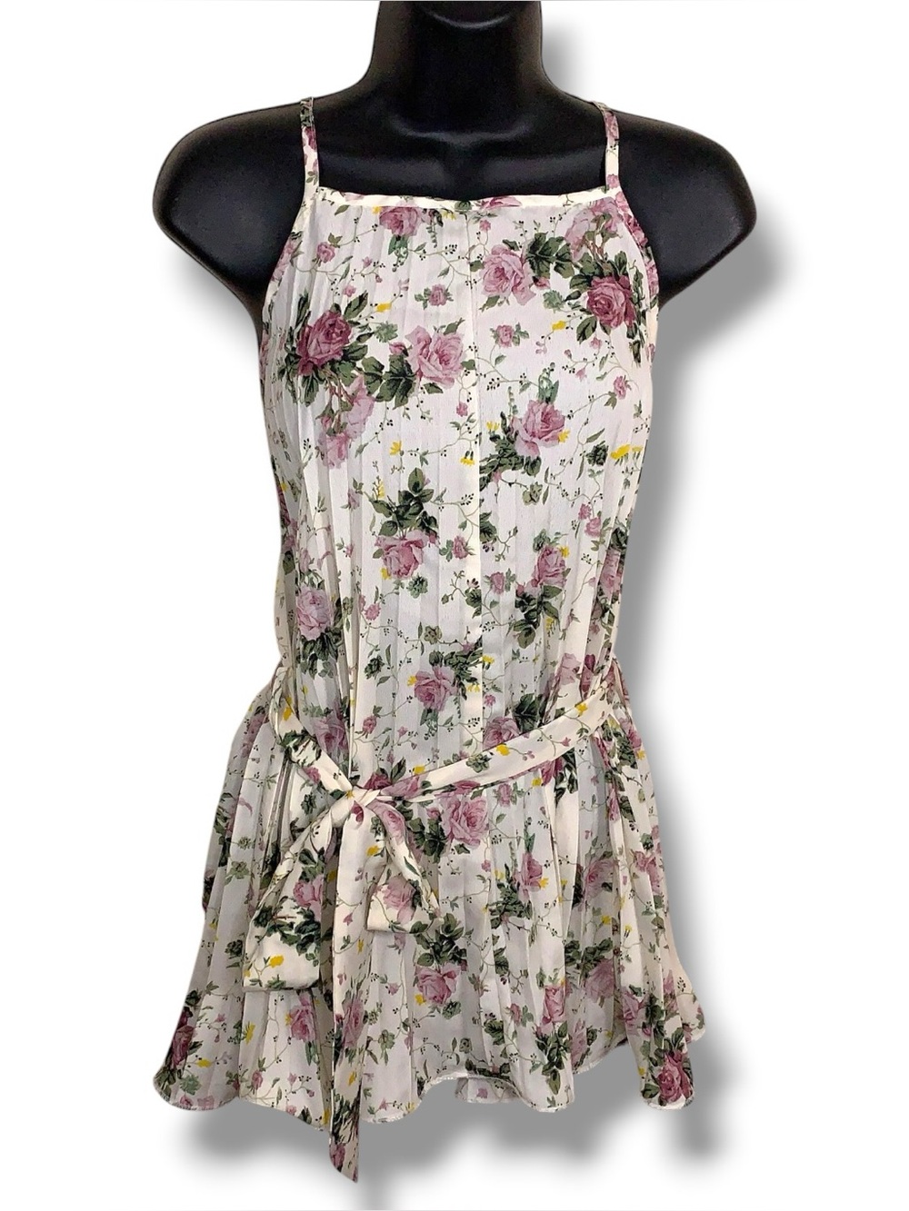 Ivory White Pink Rose Floral Pleated Tunic Blouse Square Neckline Size 6 - Picture 1 of 15
